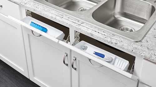 Rev-A-Shelf 14in tip-out tray side view highlights slim profile for tight spaces.