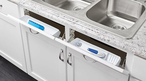 Rev-A-Shelf 14in tip-out tray side view highlights slim profile for tight spaces.