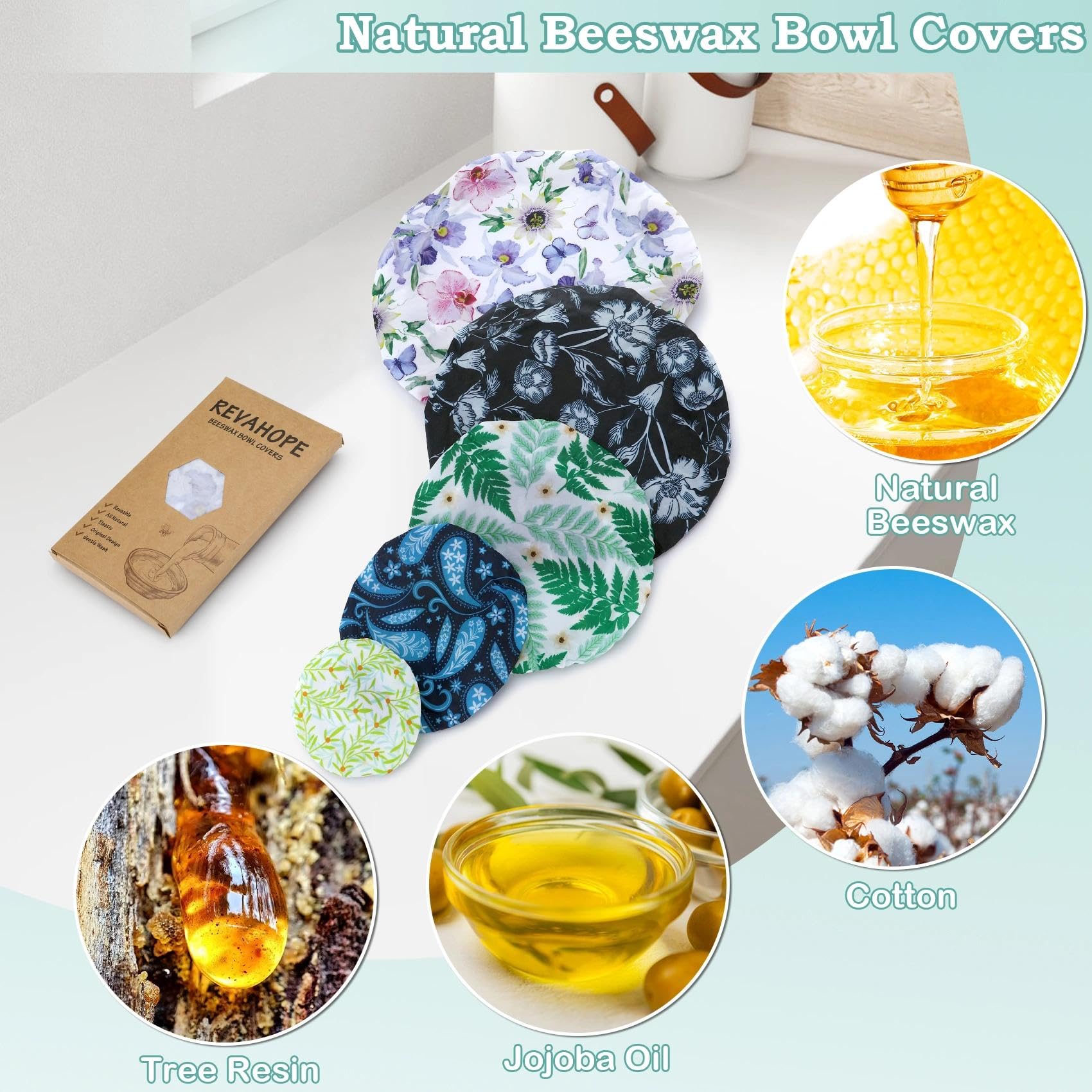 Revahope iris floral 20cm beeswax wrap keeps leftovers covered, reduces waste.