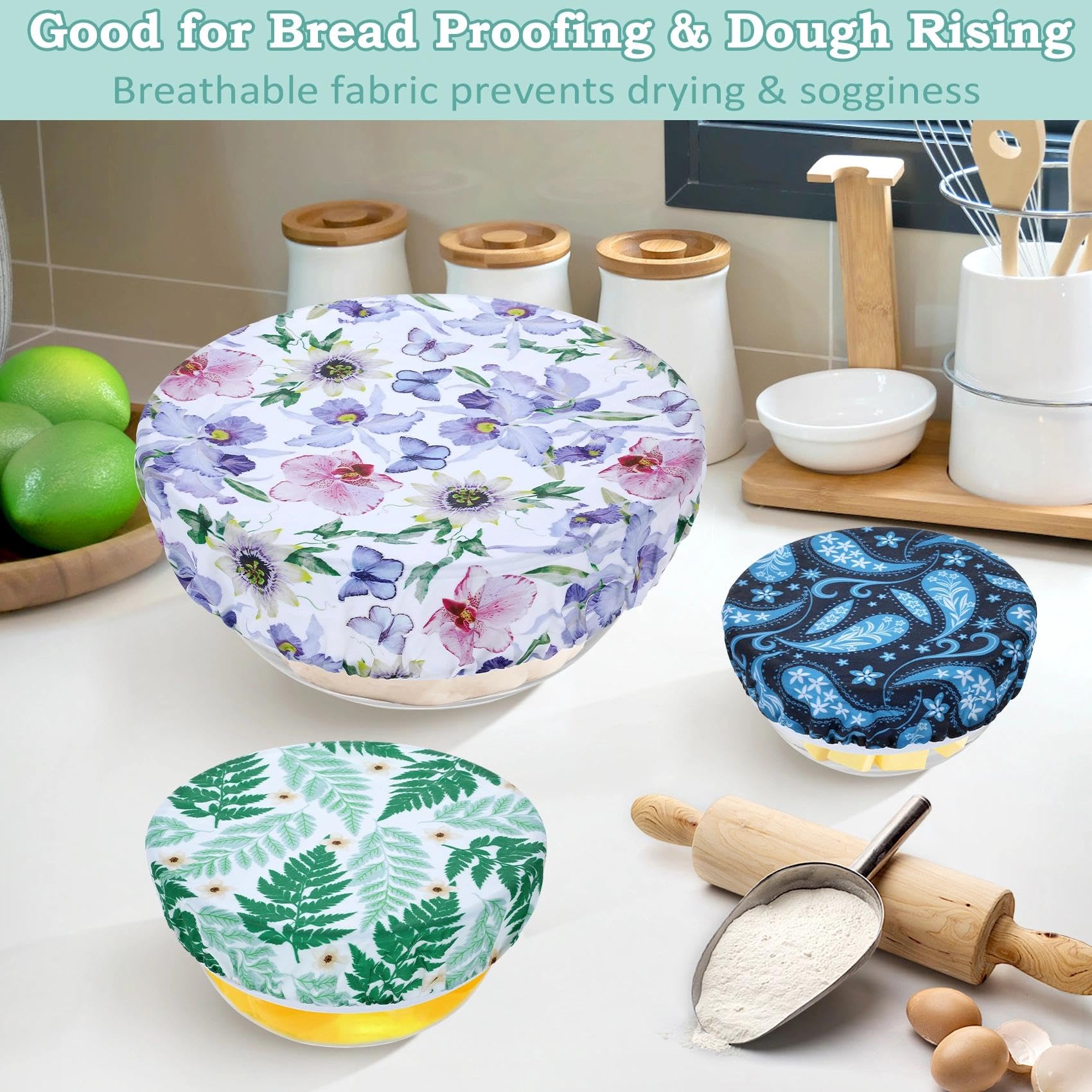 Revahope iris floral 25cm cover protects bowls during prep and fridge storage.
