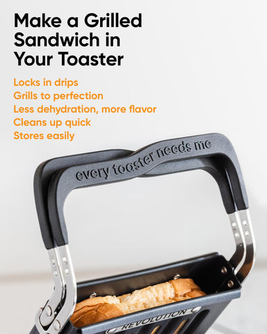 Revolution Toastie Press closed clamshell shows even grilling.