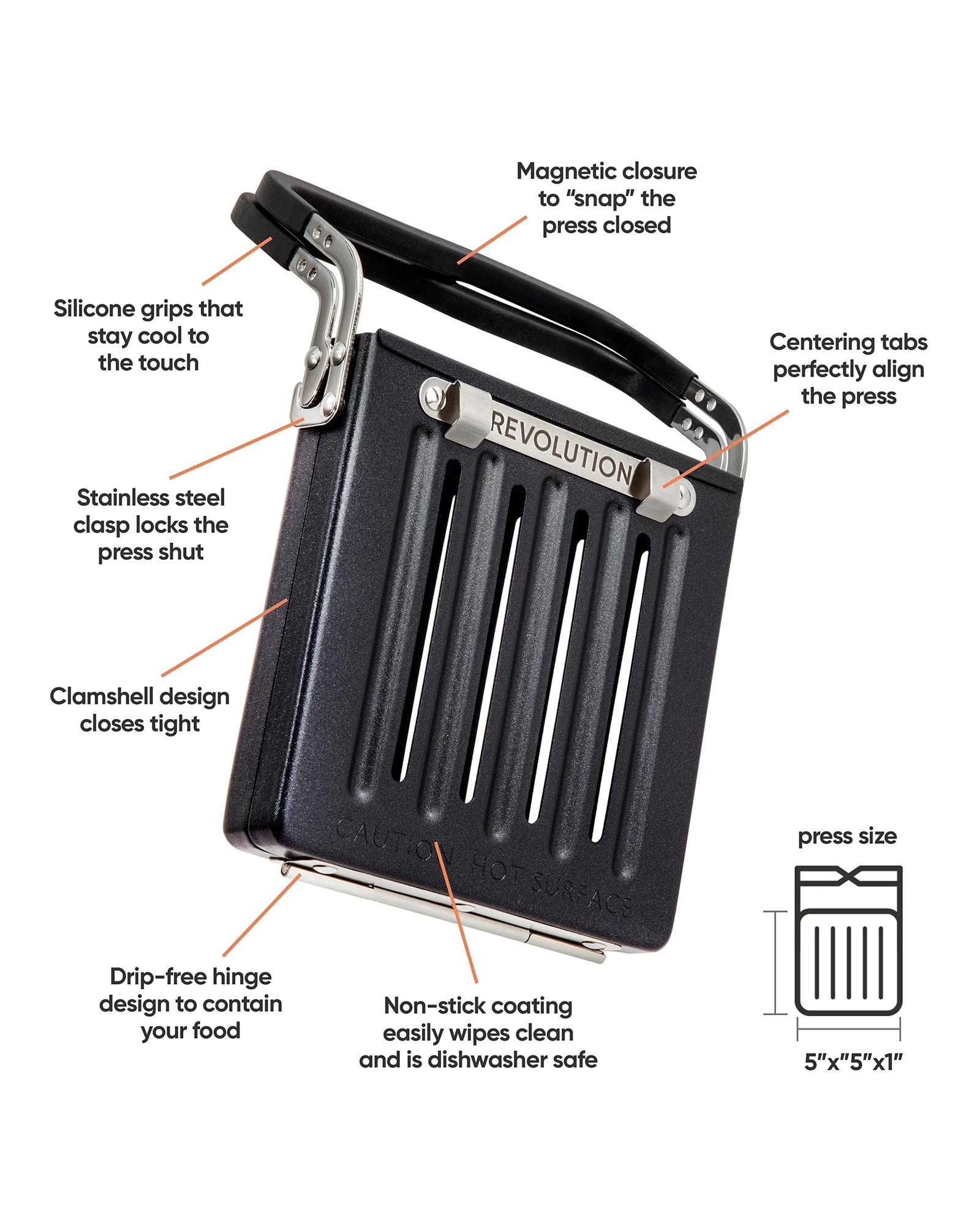 Conduction heat design of Revolution Toastie Press for even cooking.