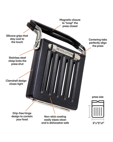 Conduction heat design of Revolution Toastie Press for even cooking.