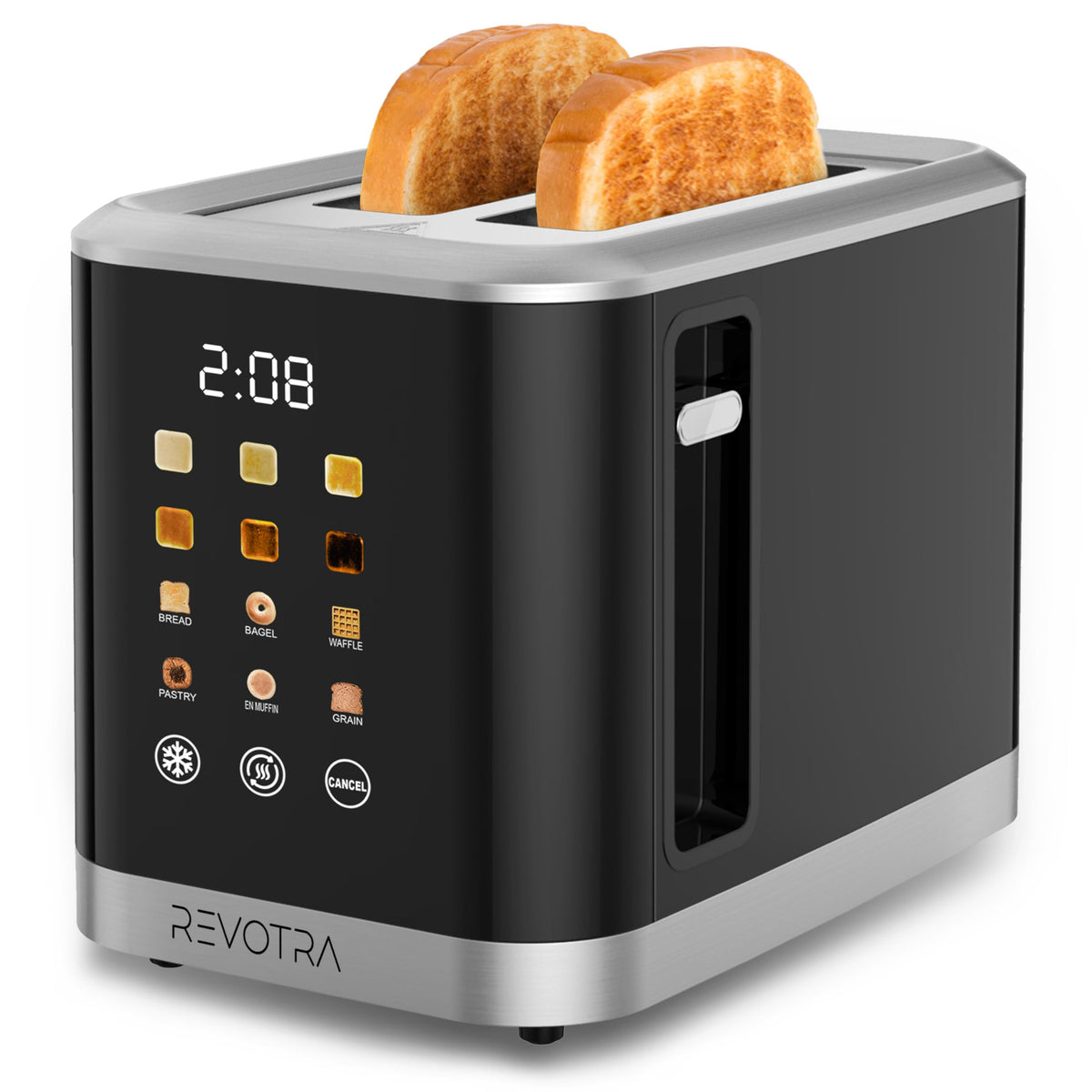REVOTRA 2-Slice Toaster front view highlighting compact stainless steel finish for modern kitchens