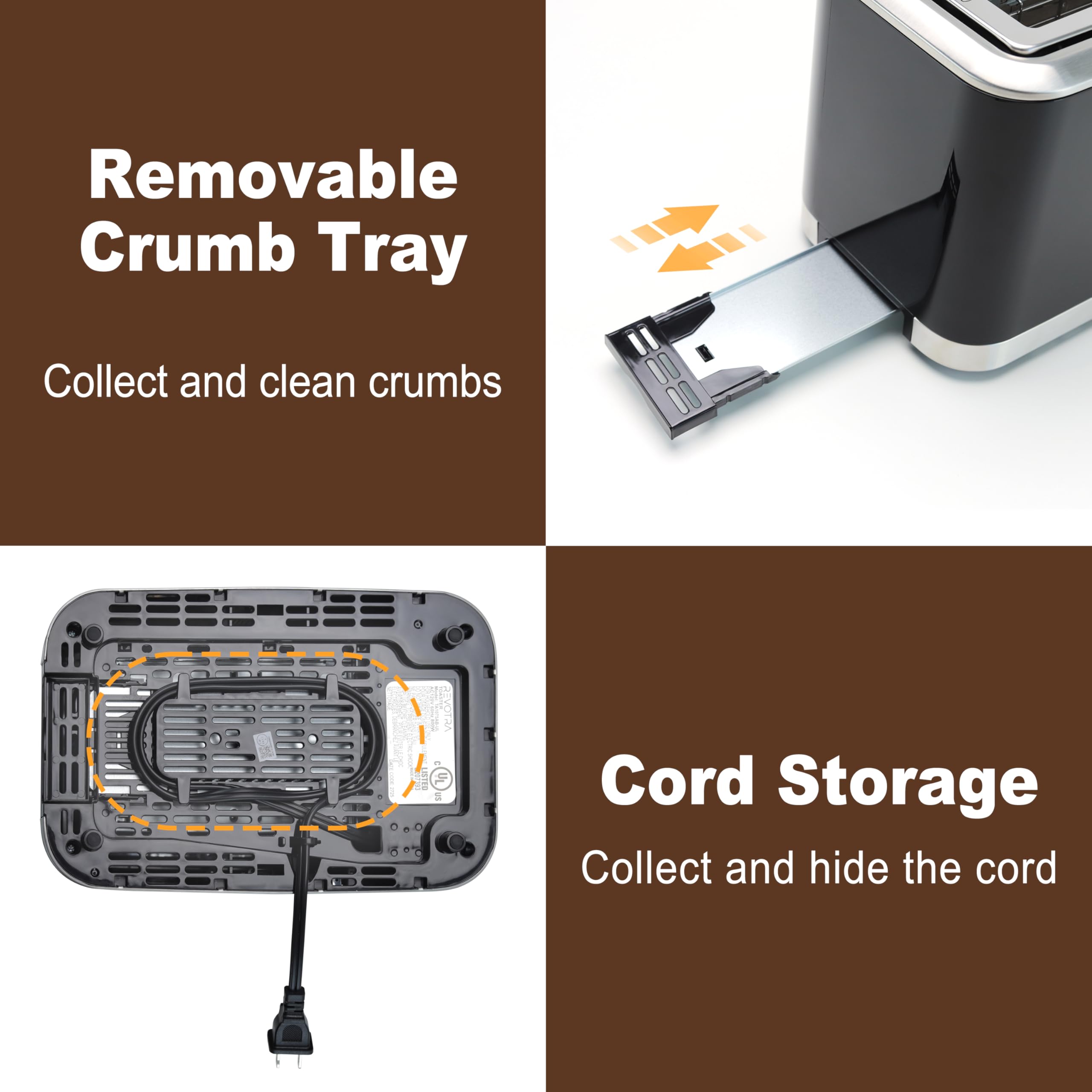 REVOTRA removable crumb tray for quick cleanup