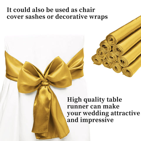 REWOMC gold satin runner on banquet table for elegant dining setup.