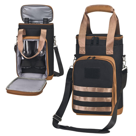 Rexmore insulated two-bottle wine carrier tote keeps bottles upright during transport