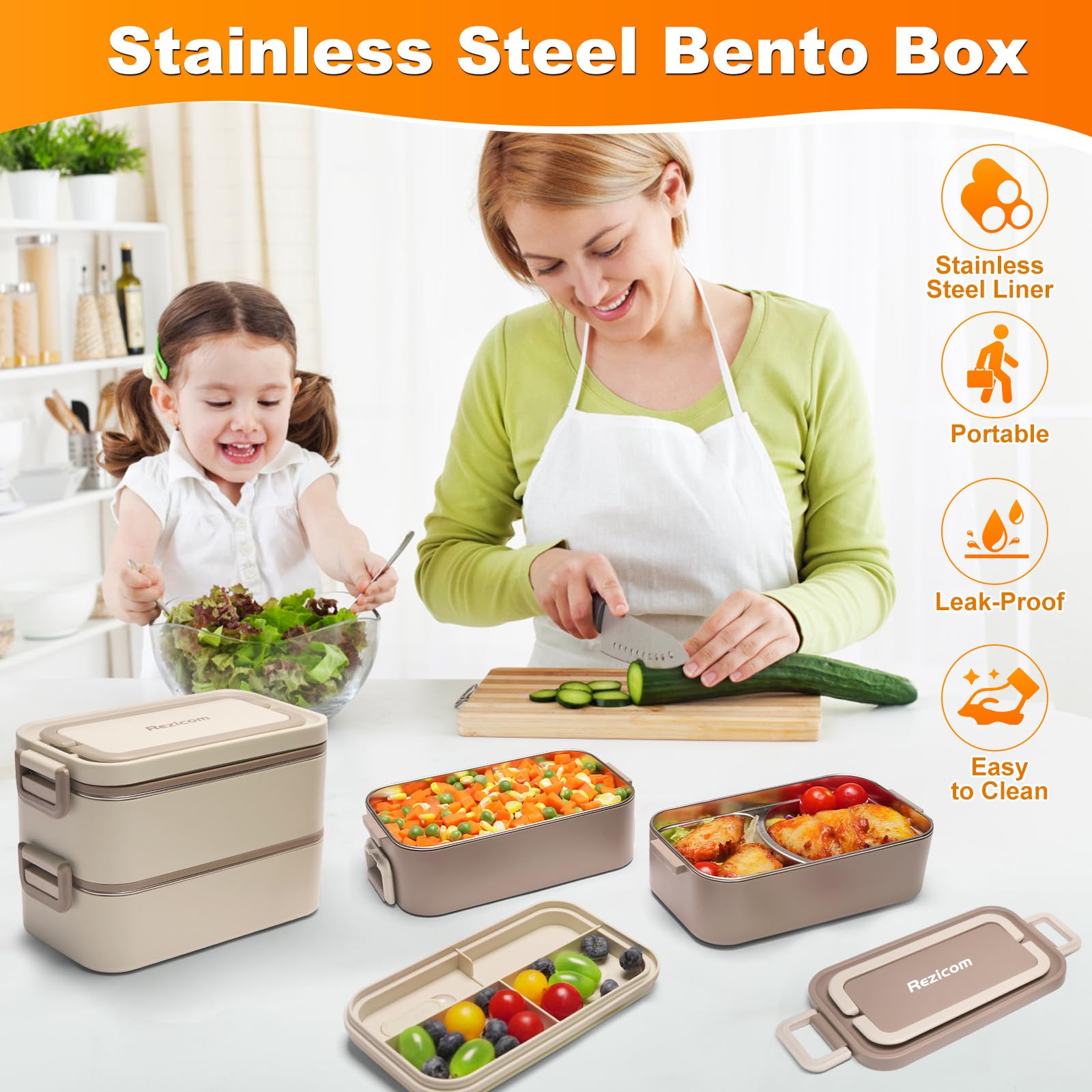 Rezicom two-layer bento close-up highlighting flexible stacking for varied meals.