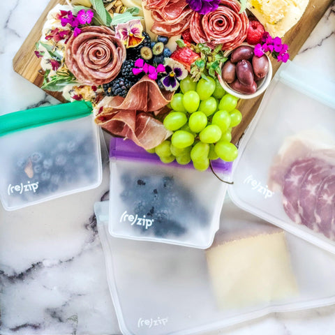 rezip compact snack-sized bags fit portions for work or travel.