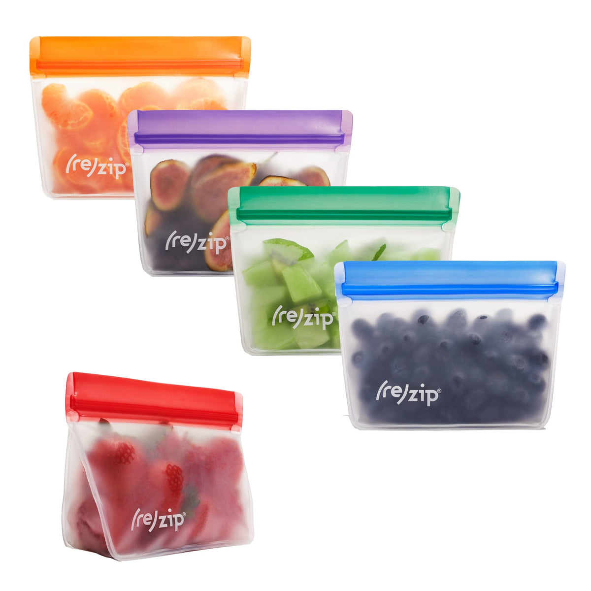 rezip stand-up bags with 1-cup capacity offer organized snack portions in jewel tones.