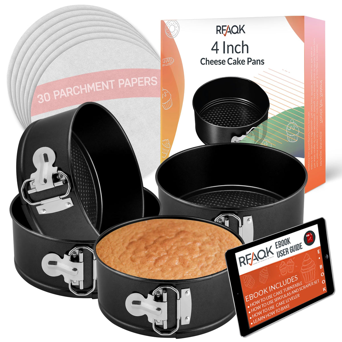 RFAQK 4-inch mini cake pans set ready for small cheesecakes and tarts.