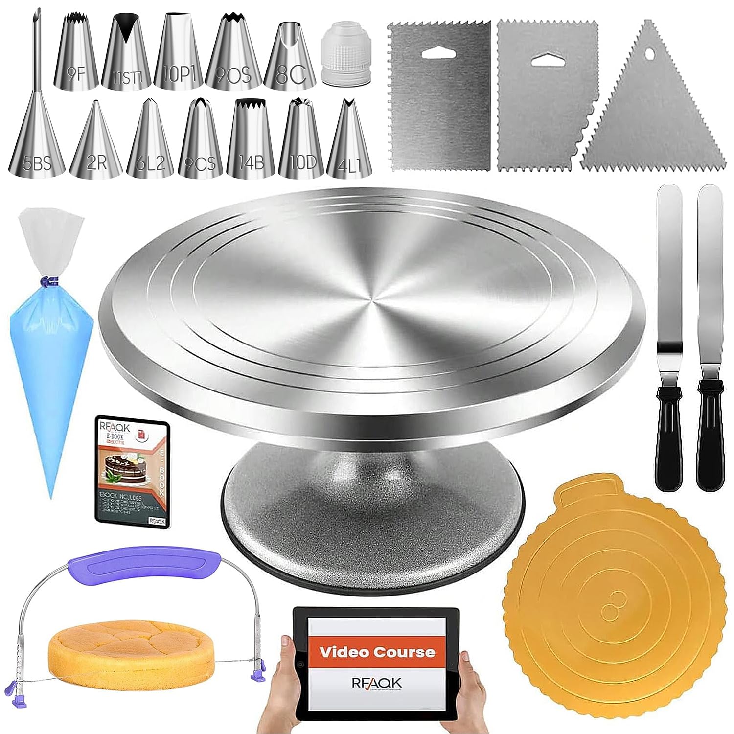 RFAQK 50Pcs cake decorating kit on turntable for smooth icing and control