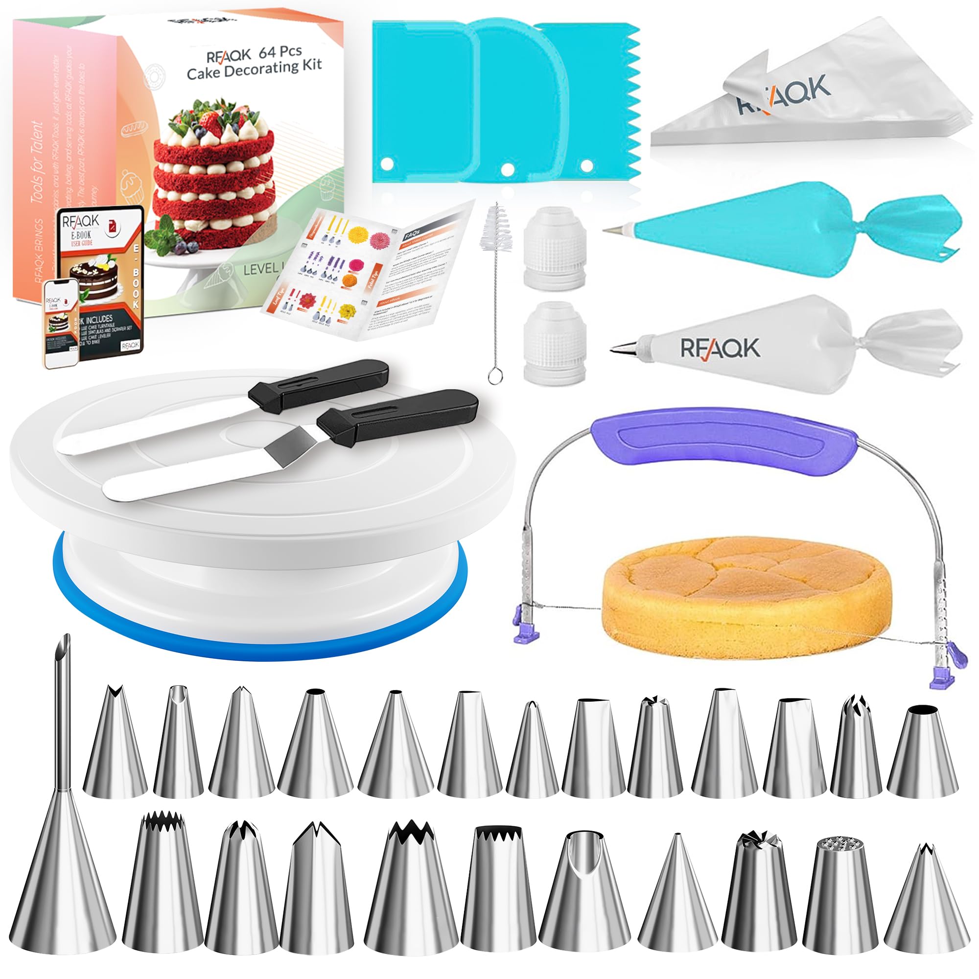 RFAQK 64pc cake decorating kit with turntable for smooth rotating decorating.