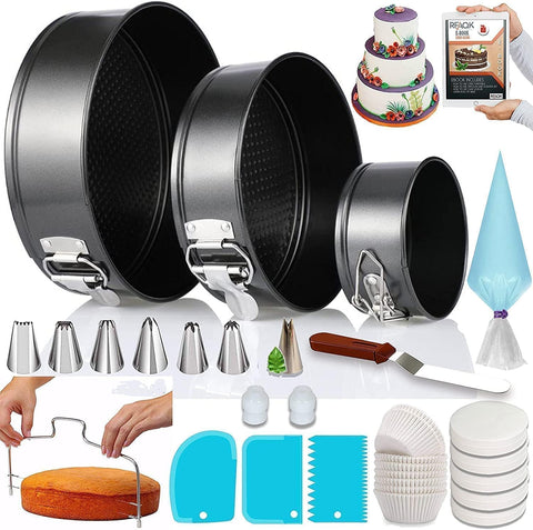 RFAQK three-piece springform pans set, non-stick and reliable for cheesecake and layer cakes.