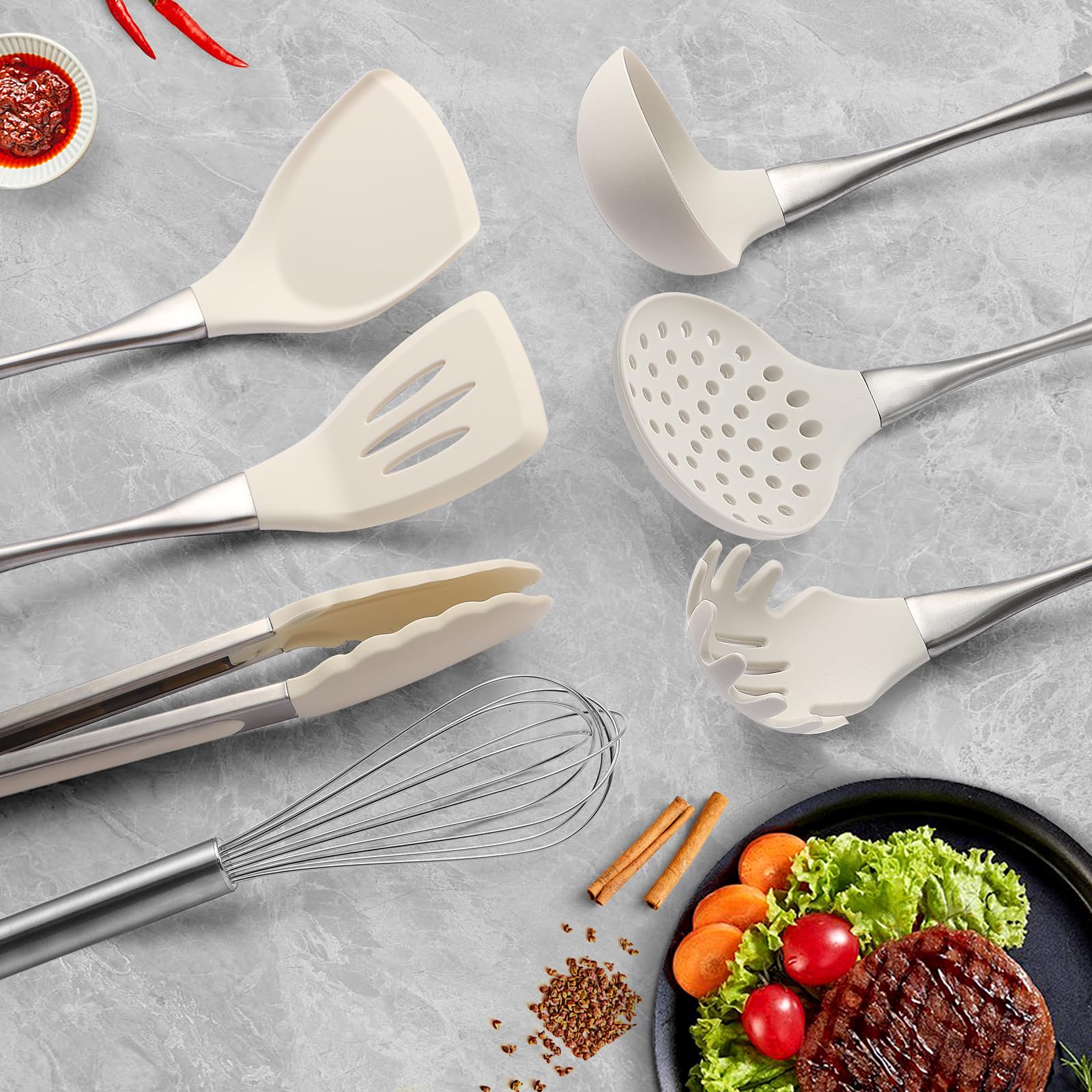 RFSCDI spaghetti spoon designed for even servings in nonstick cookware.