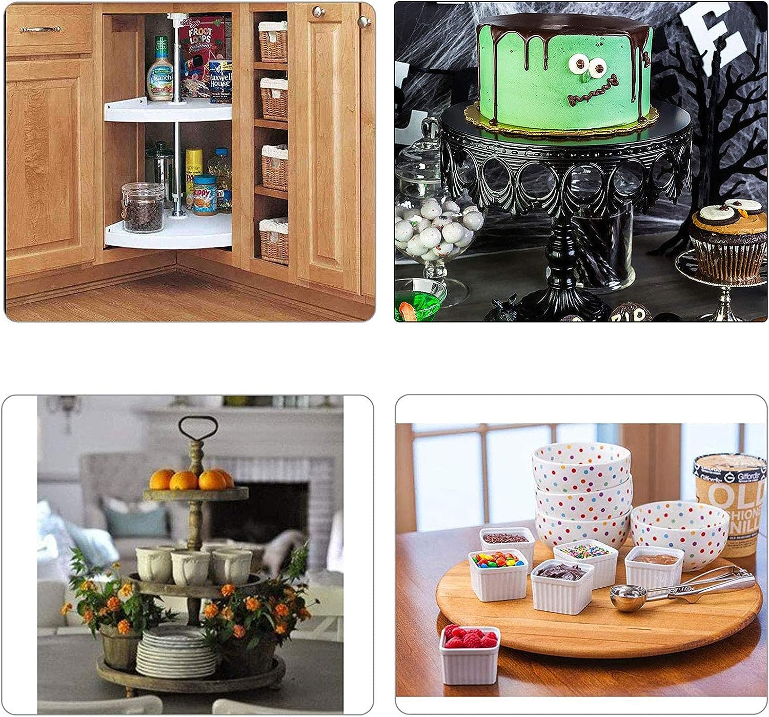 RHBLME rotating display plate improves accessibility on serving trays and makeup holders.