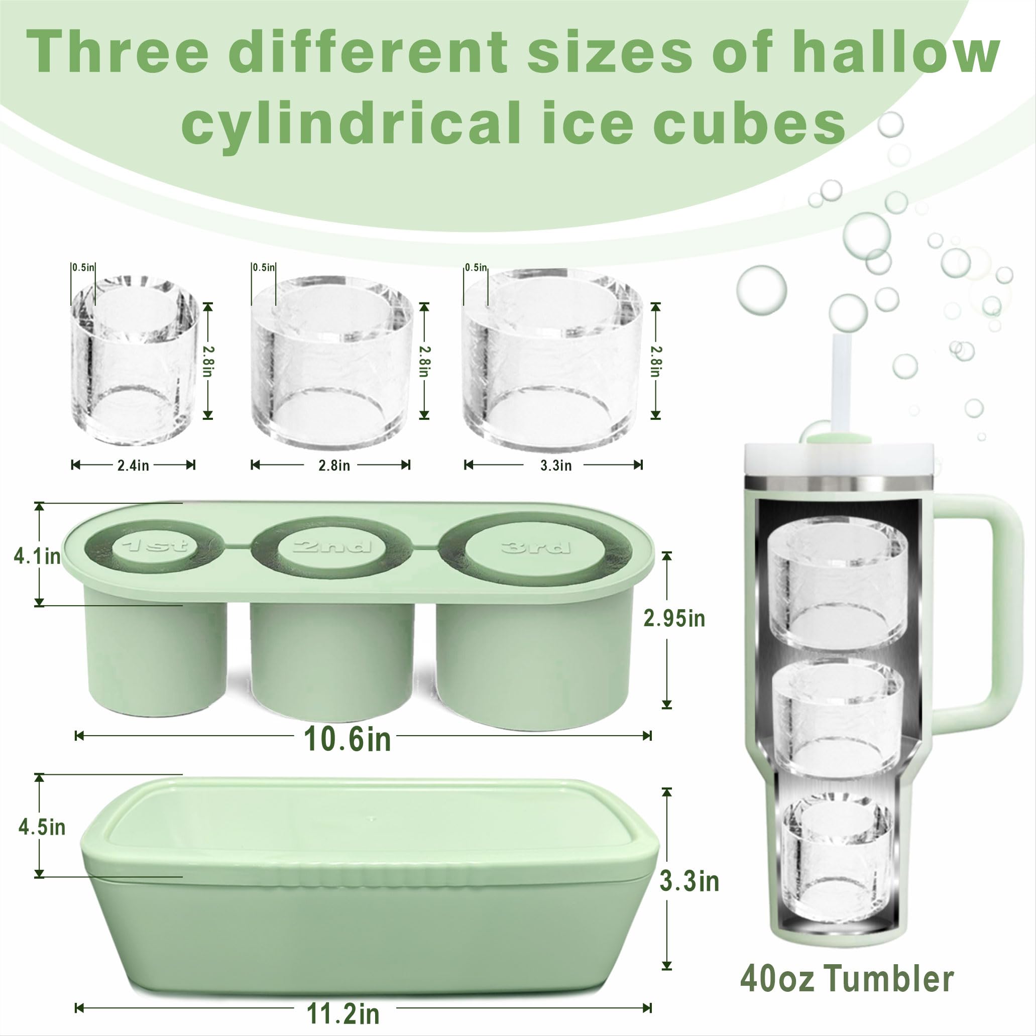 Rhewatin three-size hollow-cylinder ice cubes for longer cooling in large tumblers.