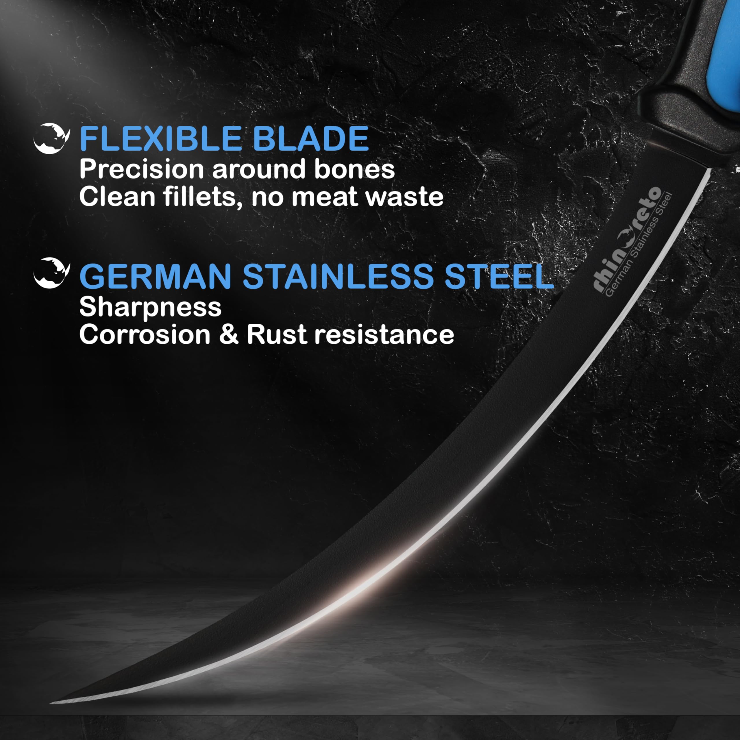 Rhinoreto fillet knife curved design guides clean fillets.