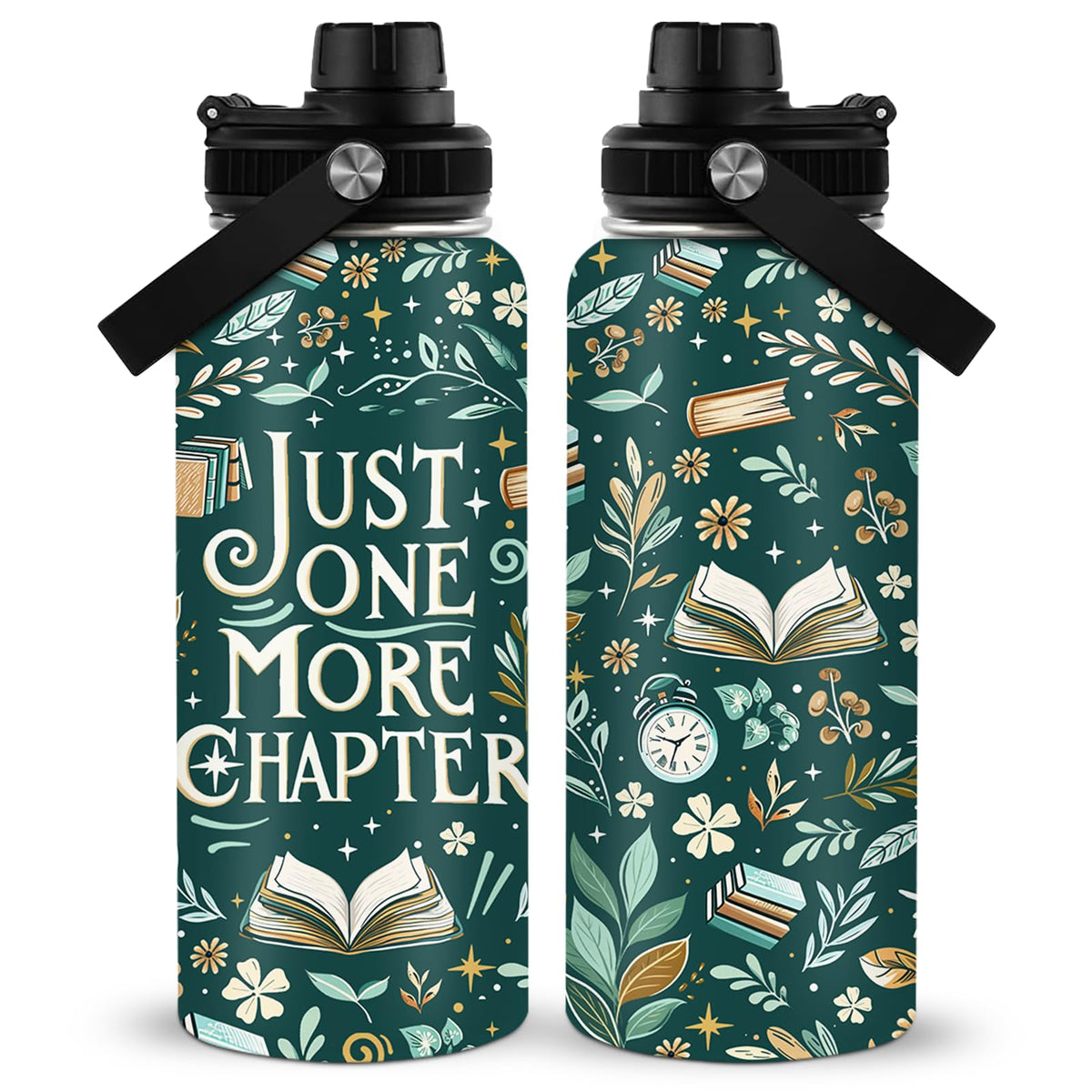 RHONGE Reading Water Bottle 32oz front view with green pattern for daily hydration.