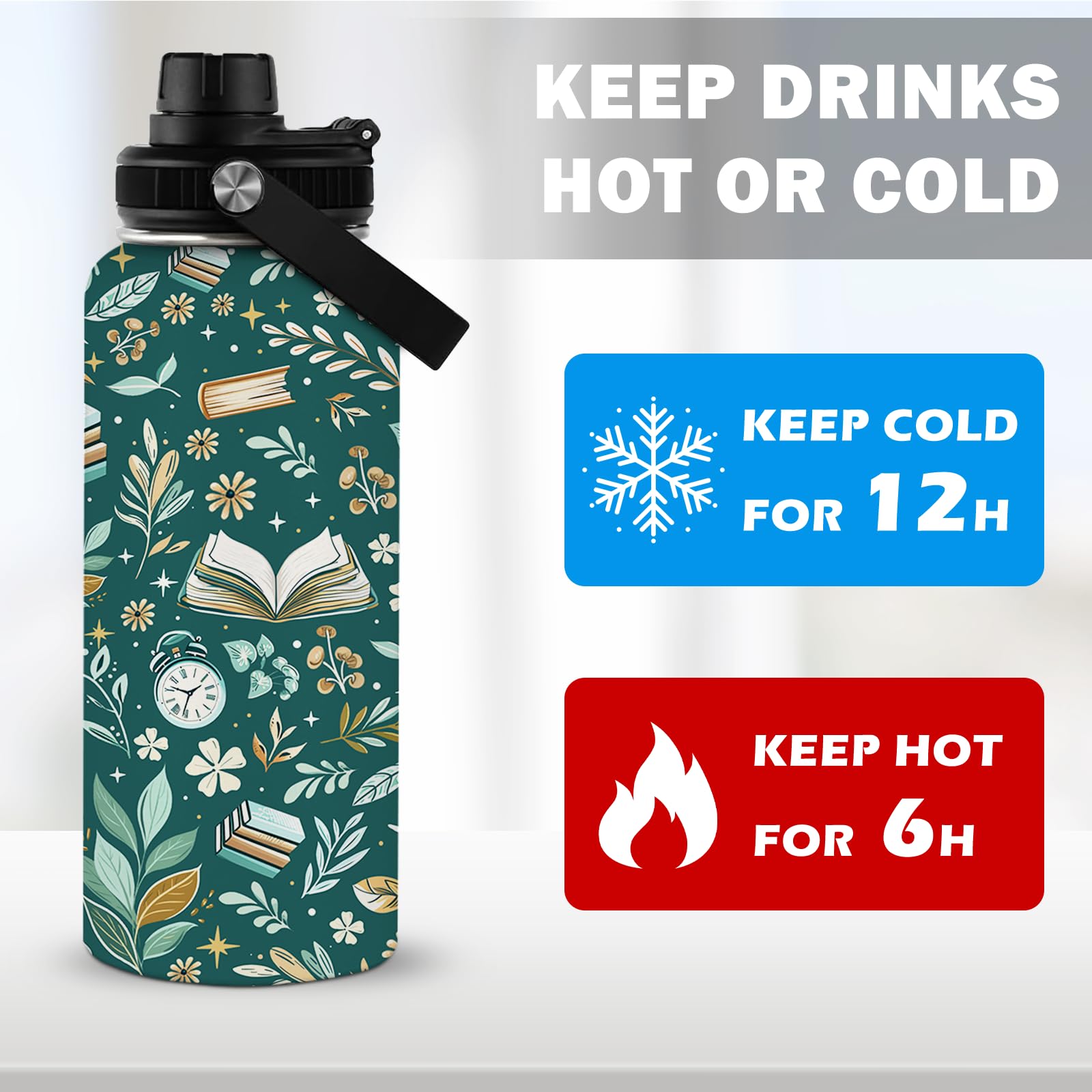 RHONGE Reading Water Bottle 32oz side view highlighting green pattern for comfortable handling.