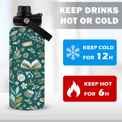 RHONGE Reading Water Bottle 32oz side view highlighting green pattern for comfortable handling.