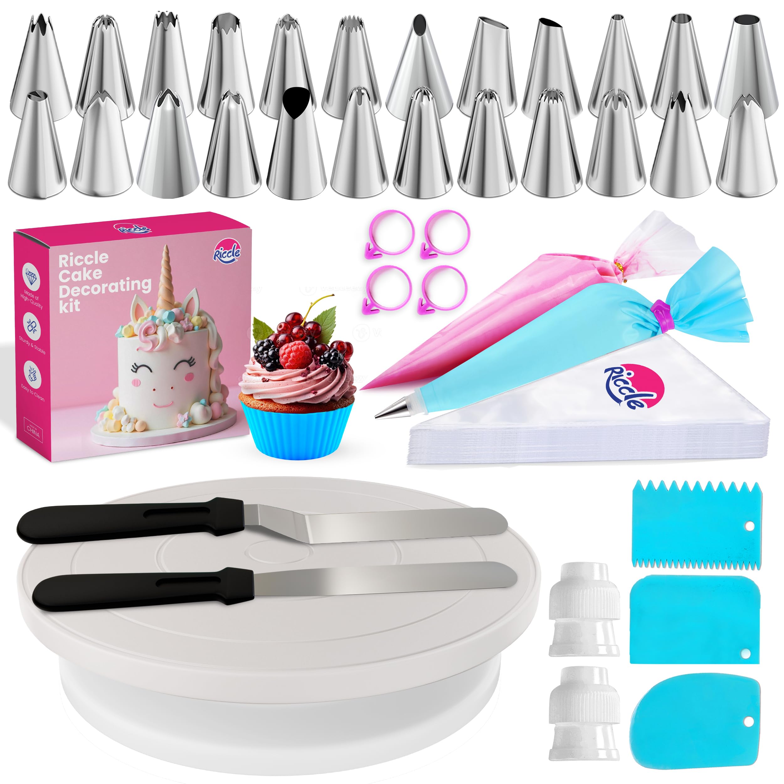 Riccle cake decorating kit with turntable for precise icing designs and steady rotation