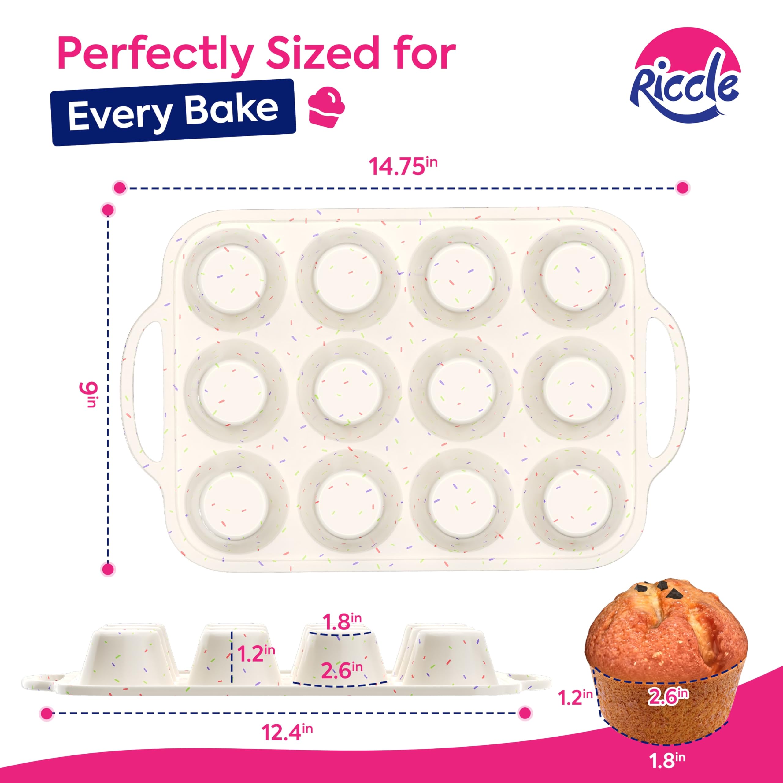 RICCLE 12-cup cupcake pan designed to fit standard liners for mess-free batches.