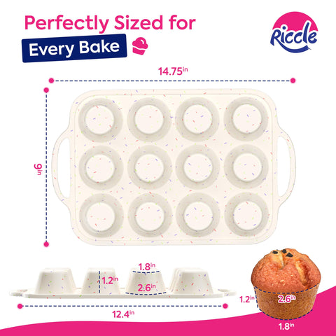RICCLE 12-cup cupcake pan designed to fit standard liners for mess-free batches.