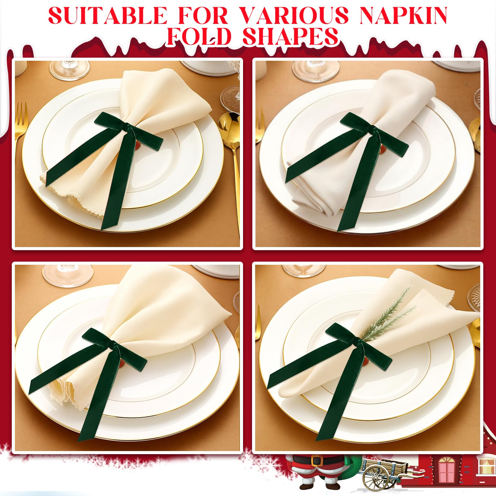 Riceshoot velvet bow napkin ring with durable gold semicircle backing