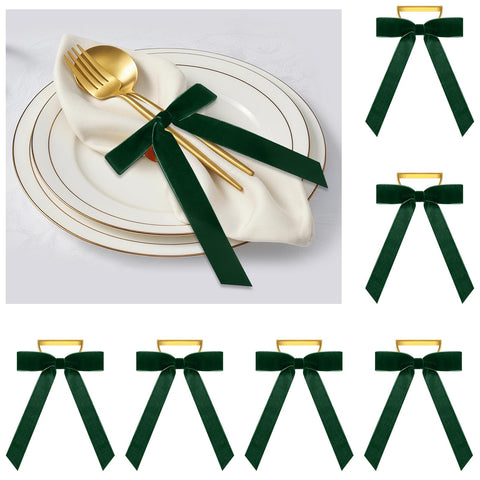 Riceshoot velvet bow napkin ring in green front view adds elegant table decor