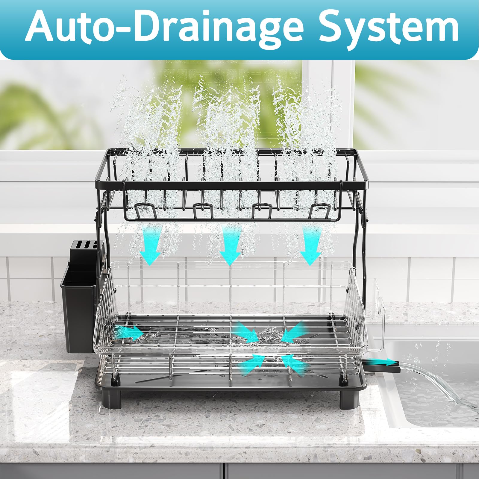 Ricobes dish drying rack 2 tier side view demonstrates space saving on the counter
