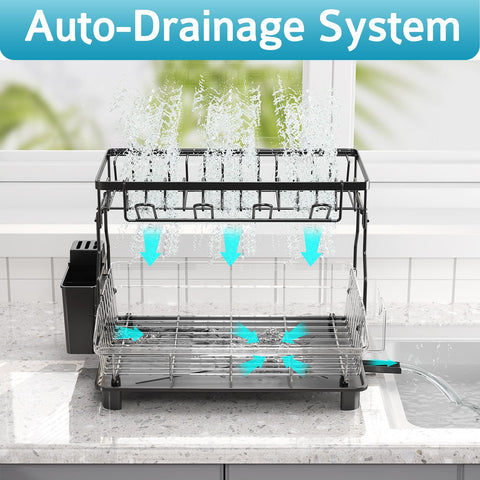 Ricobes dish drying rack 2 tier side view demonstrates space saving on the counter