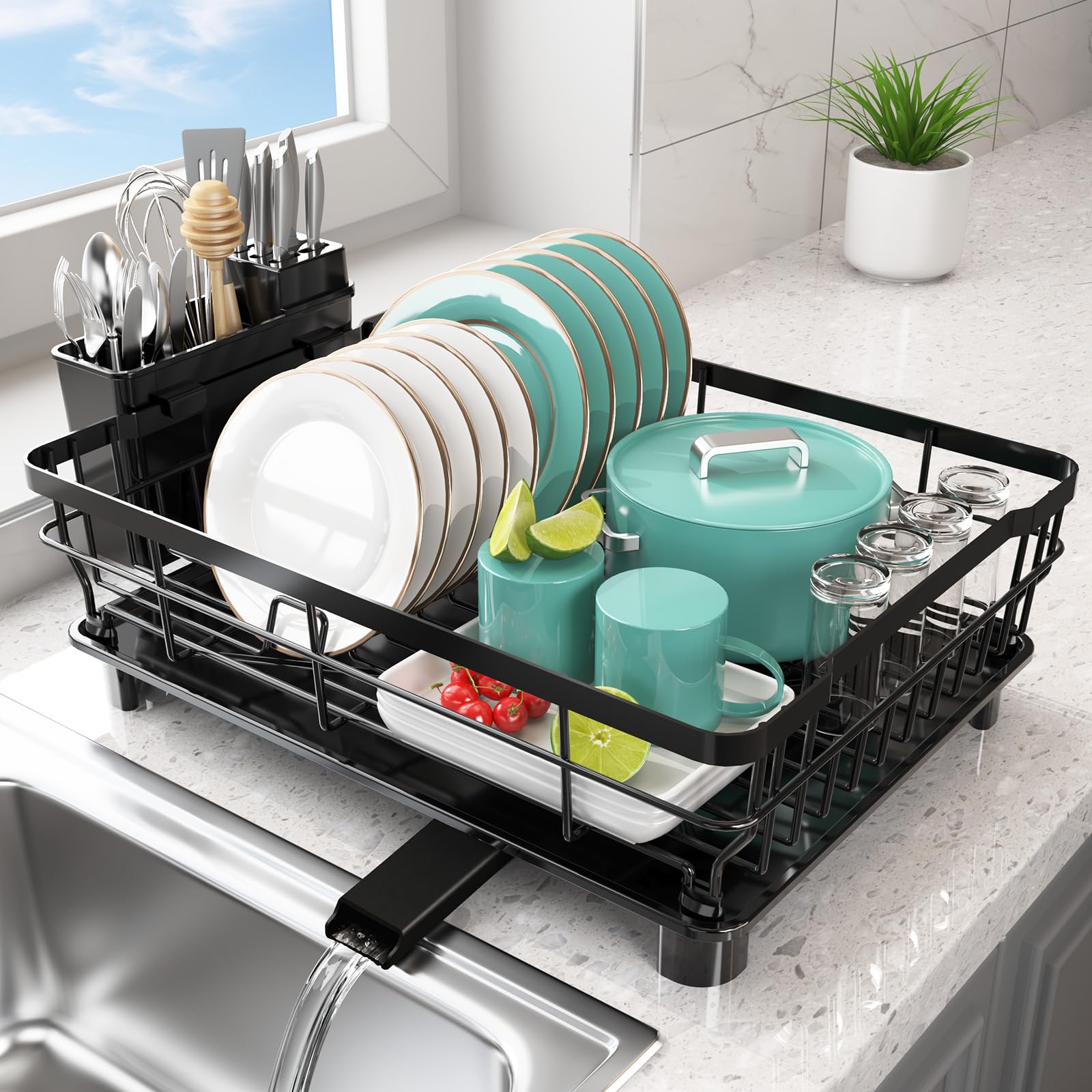 Ricobes dish rack on countertop demonstrates space-saving design for a tidy kitchen.