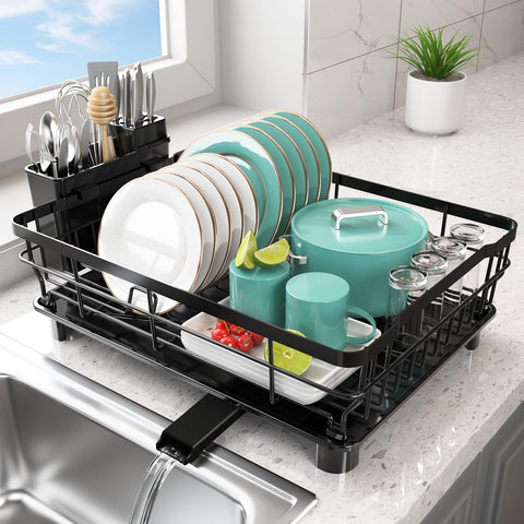 Ricobes dish rack on countertop demonstrates space-saving design for a tidy kitchen.