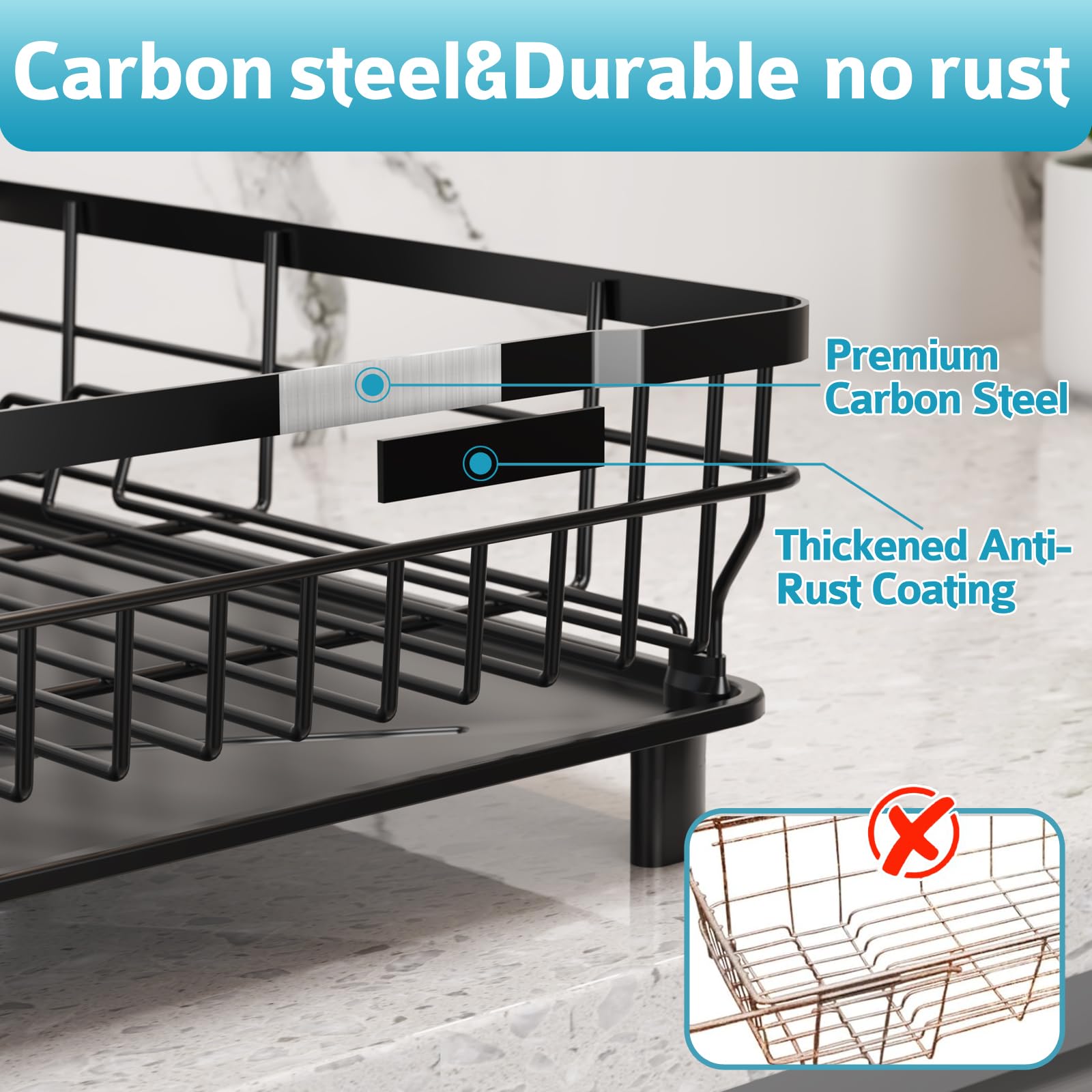 Drainboard guides water into the sink, keeping counters dry.