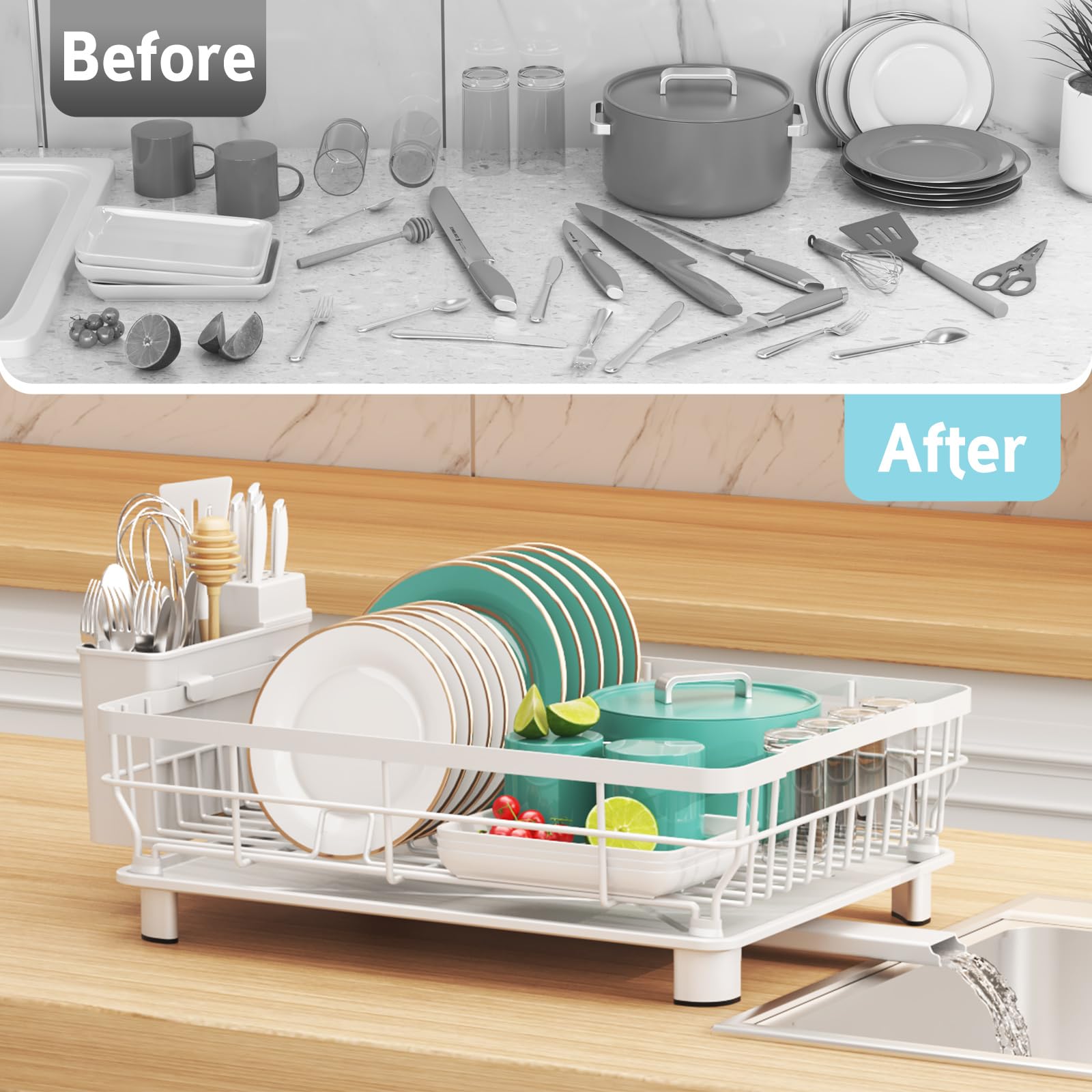 Ricobes dish rack with non-slip feet protects countertops during use.