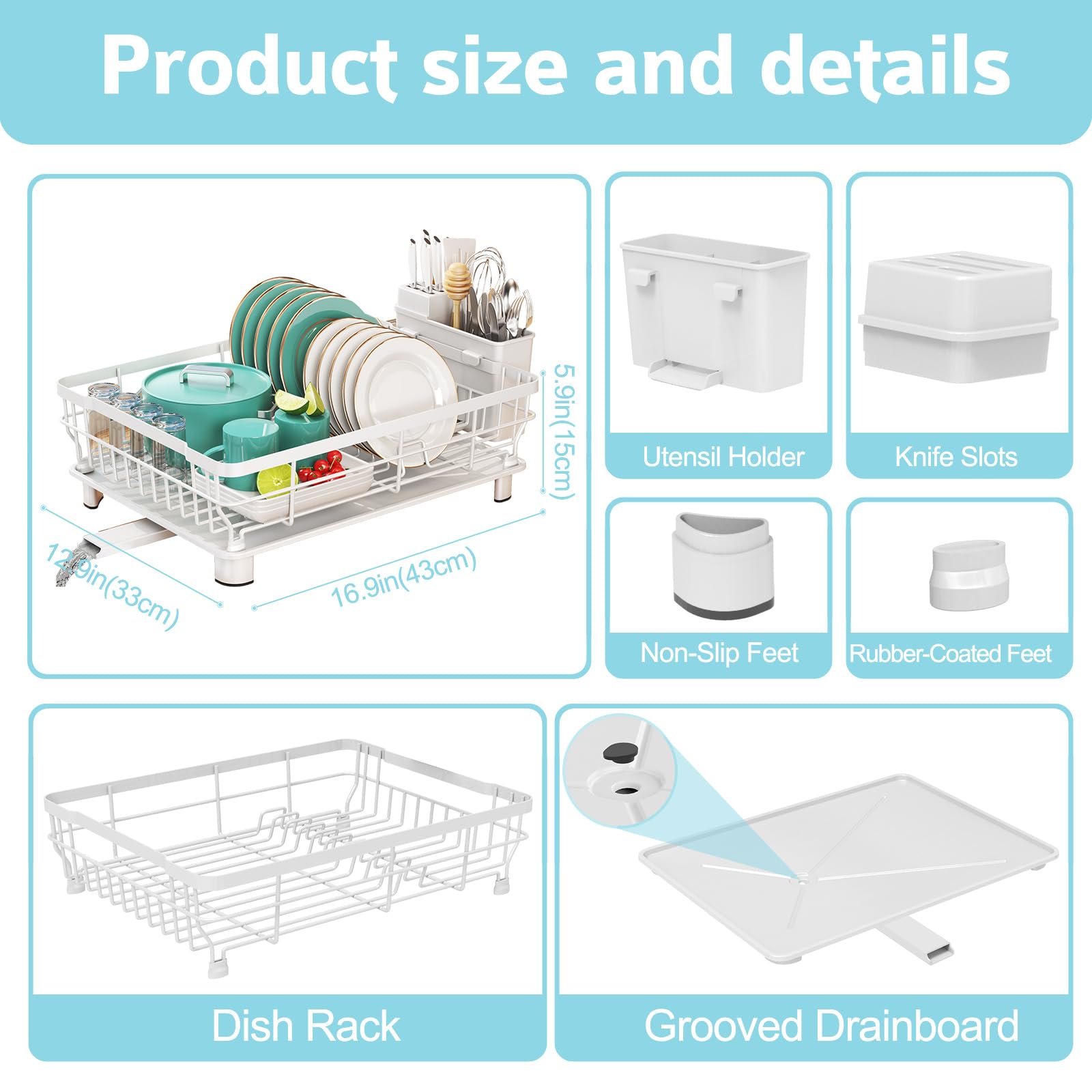 Ricobes dish rack includes removable utensil holder for organized drying.