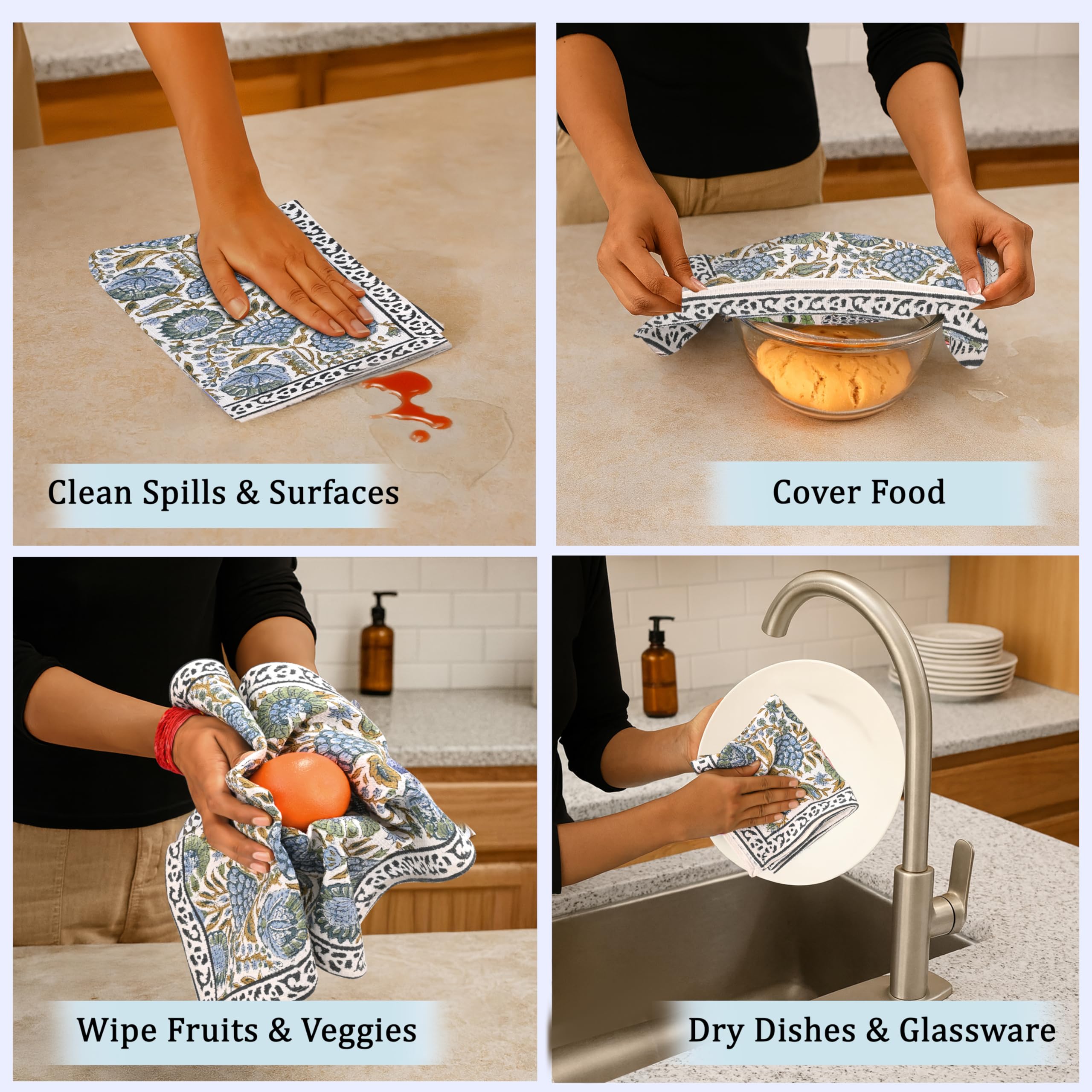 Ridhi kitchen towel in use for hand drying and spills.