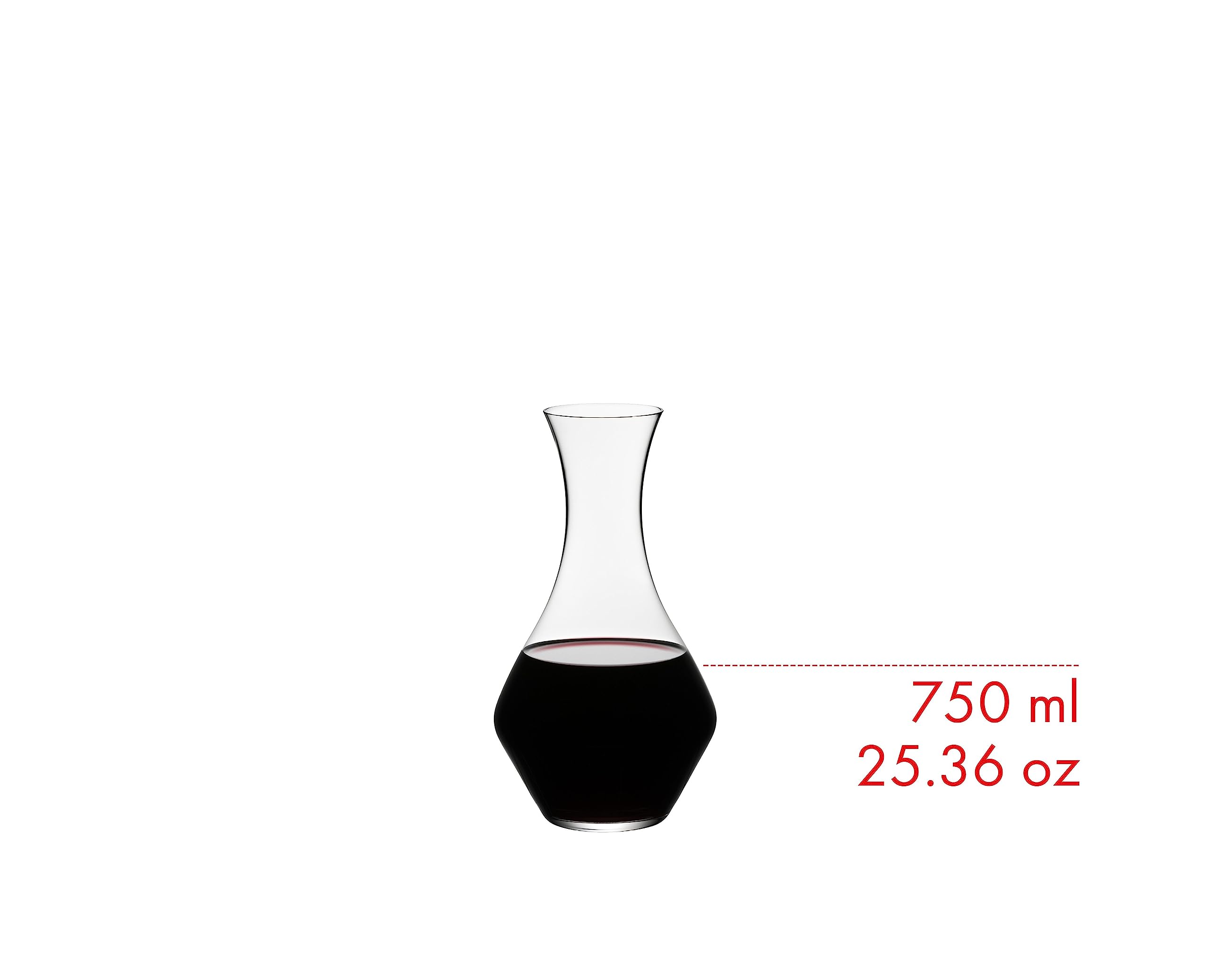 Riedel Cabernet decanter displays 25-ounce capacity beside a bottle.