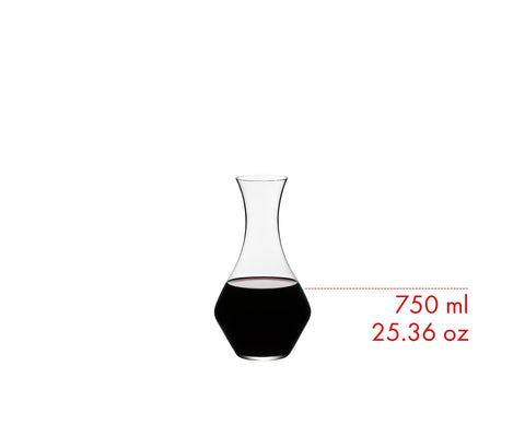 Riedel Cabernet decanter displays 25-ounce capacity beside a bottle.