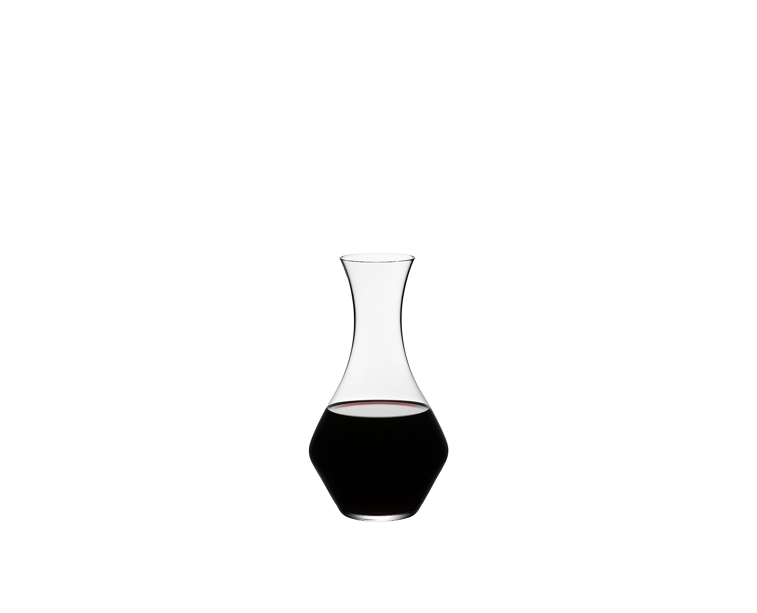 Riedel Cabernet decanter clear crystal with an elegant curved neck for smooth pouring.