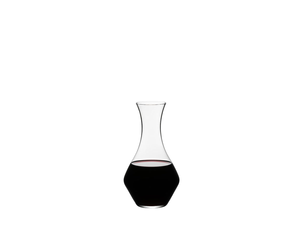 Riedel Cabernet decanter clear crystal with an elegant curved neck for smooth pouring.
