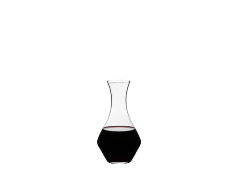 Riedel Cabernet decanter clear crystal with an elegant curved neck for smooth pouring.