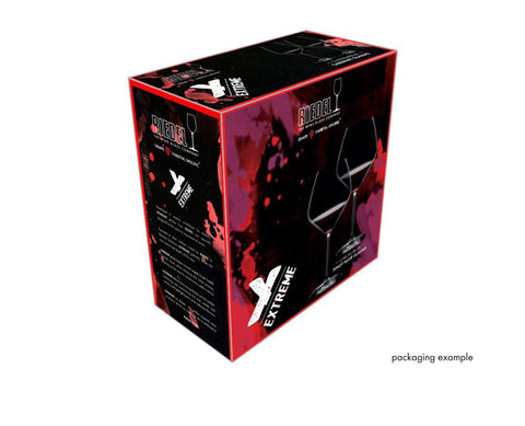 Riedel Extreme Pinot Noir glass tilted for dramatic presentation.