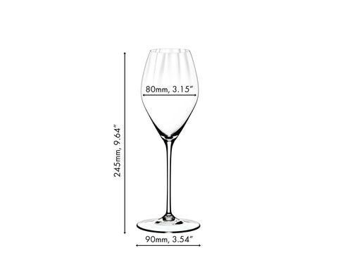 Riedel Performance champagne glass showcases elegant height and rim.