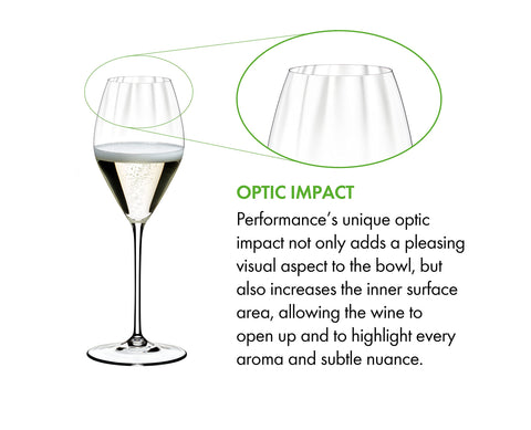 Riedel Performance champagne glass with egg-shaped bowl enhances aroma development.