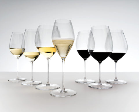 Riedel Performance tall tulip bowl height emphasizes wine's legs and color.