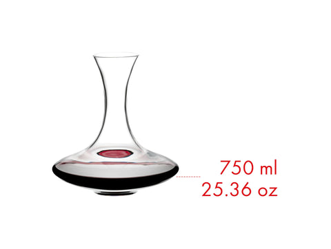 Riedel Ultra Decanter wide body illustrates stable, low-profile design for table use.