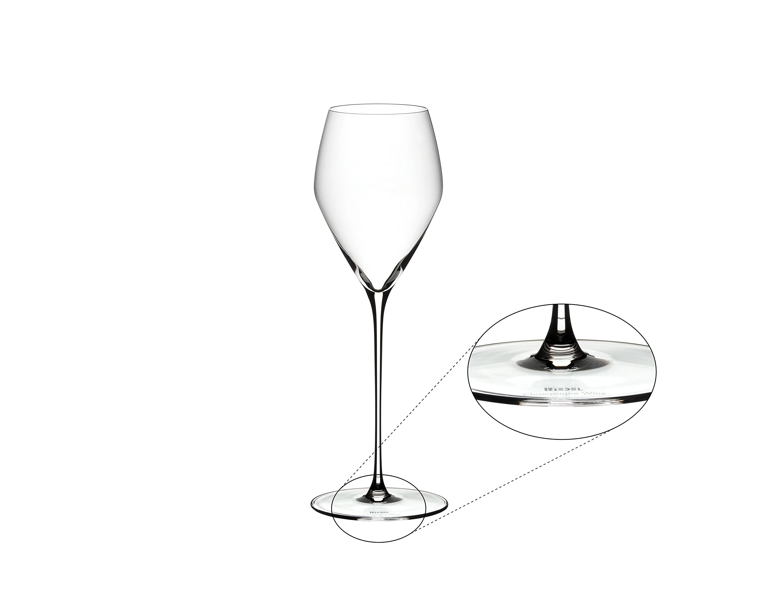 Riedel Veloce champagne glass with a tall stem for balanced handling and aroma.