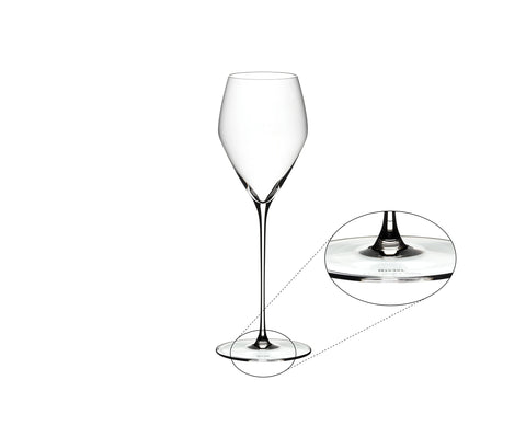 Riedel Veloce champagne glass with a tall stem for balanced handling and aroma.